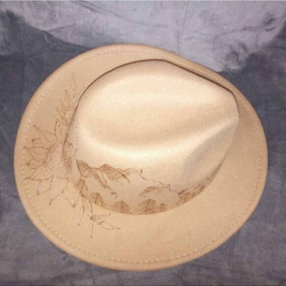Hand Drawn Hand Burned Mountains and Sunflowers Tan Wide Brim Fedora Hat - Picture 8 of 9